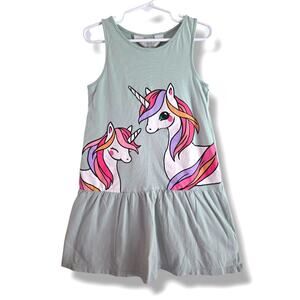 H&M Girls 6X-7 Unicorn Anime Drop Waist Green 100% Cotton Sundress